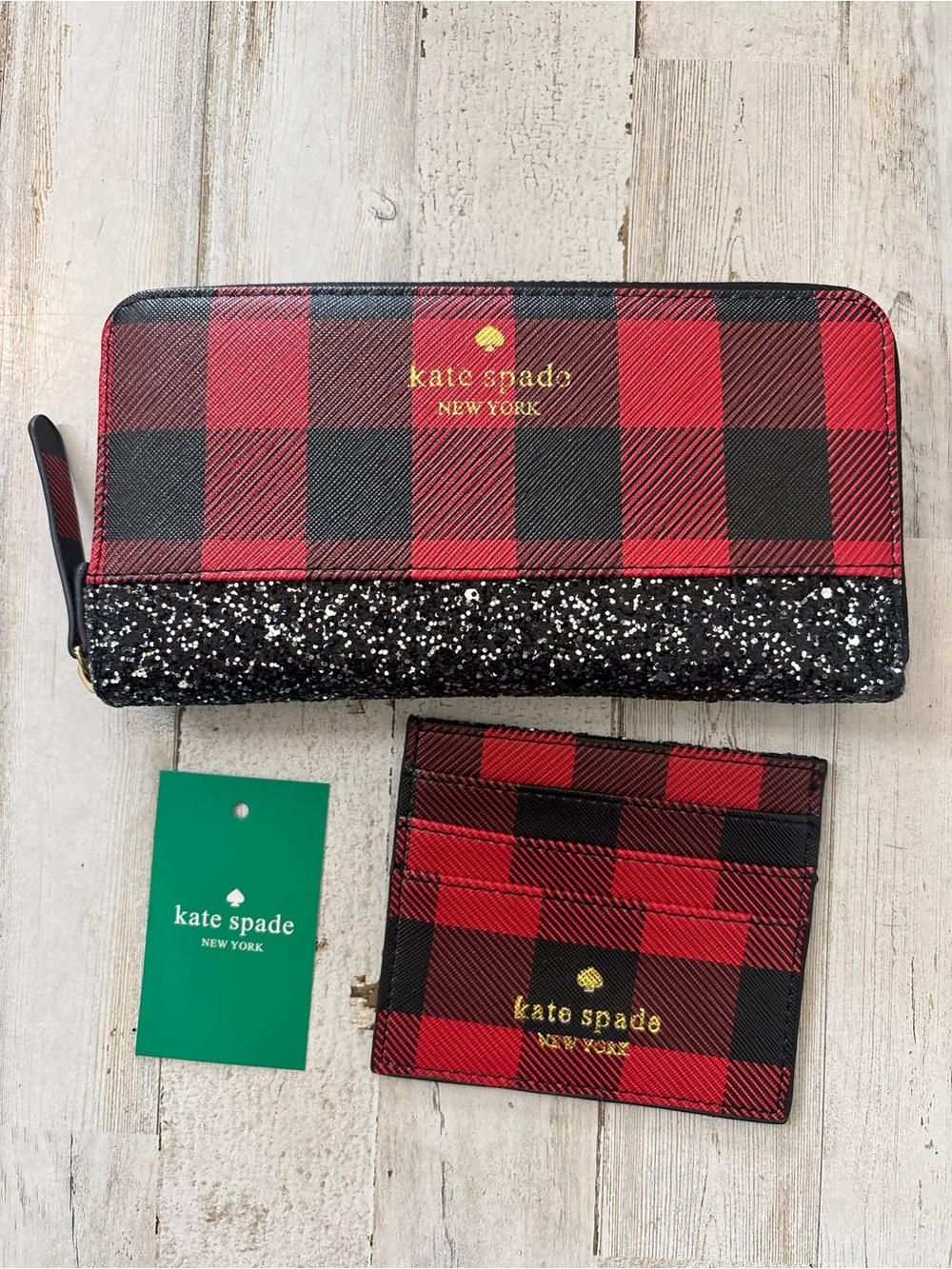 Kate Spade Glitter Greta Court Zip Continental Wallet & Cardholder Buffalo Plaid